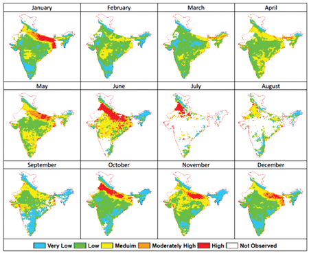 The thickest aerosols in Southern India are observed in May and in Central and Northern India in June 2013
